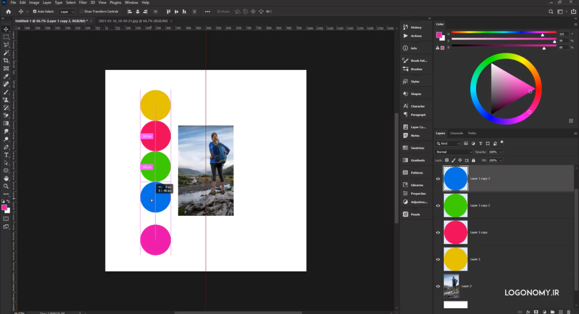 در فتوشاپ (Photoshop) پنل جداگانه ای برای Alignment کردن نداریم. ابزارهای ترازبندی (Alignment) فقط زمانی ظاهر می شوند که لایه ها باهم انتخاب شده باشند.